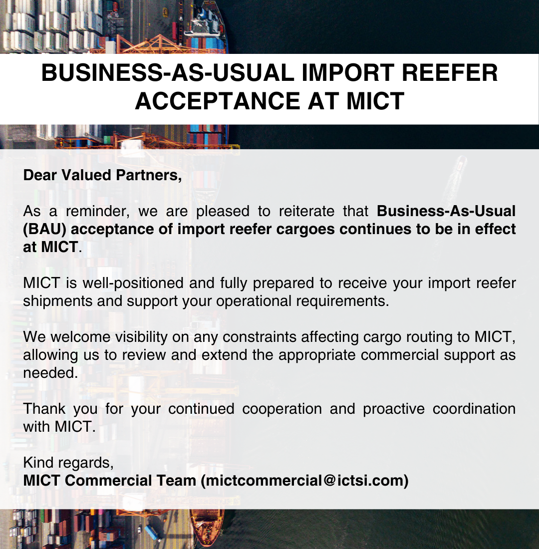 Advisory Business-As-Usual Import Reefer Acceptance at MICT